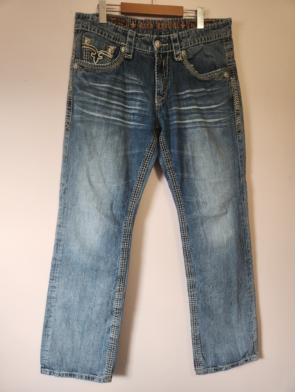 Rock Revival Dan Relaxed Straight Jeans Mens 34 Buckle Heavy Stitch Y2K Western